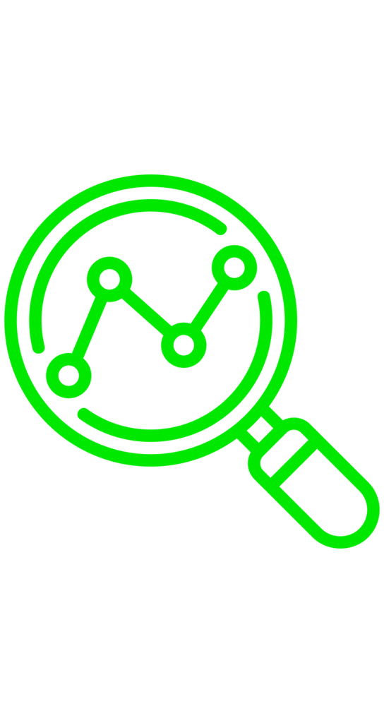 Ícone verde de lupa com gráfico de dados, representando análise e monitoramento de informações, ideal para simbolizar estratégias baseadas em dados.