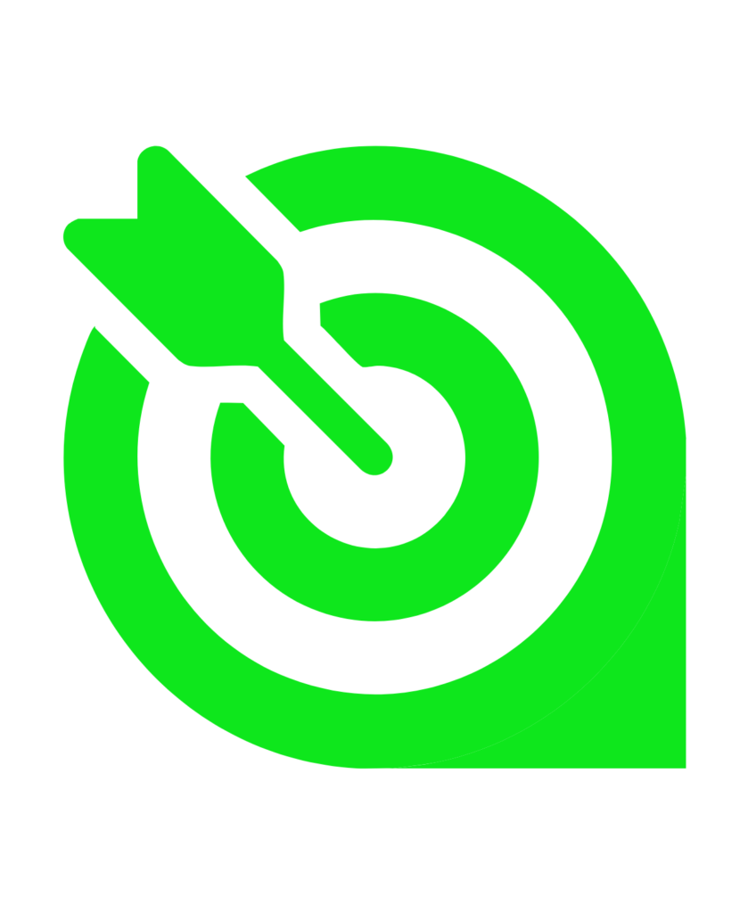 Ícone de alvo verde com uma flecha no centro, simbolizando precisão e foco em objetivos, ideal para representar estratégias direcionadas e eficazes.