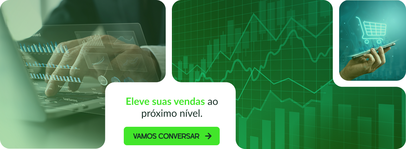 Banner em tons de verde exibindo gráficos de barras e linhas, uma mão interagindo com dados, um ícone de carrinho de compras e a frase 'Eleve suas vendas ao próximo nível. Vamos conversar', sugerindo estratégias de crescimento e marketing.