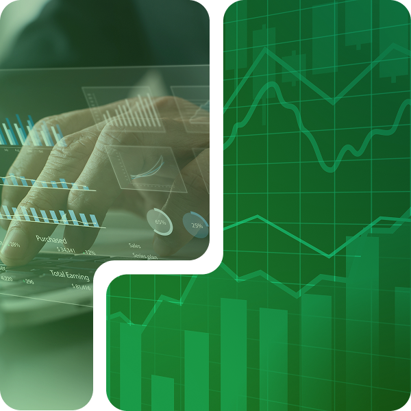 Composição em tons de verde mostrando uma mão interagindo com gráficos de barras e linhas, simbolizando análise de dados e monitoramento de indicadores de desempenho.